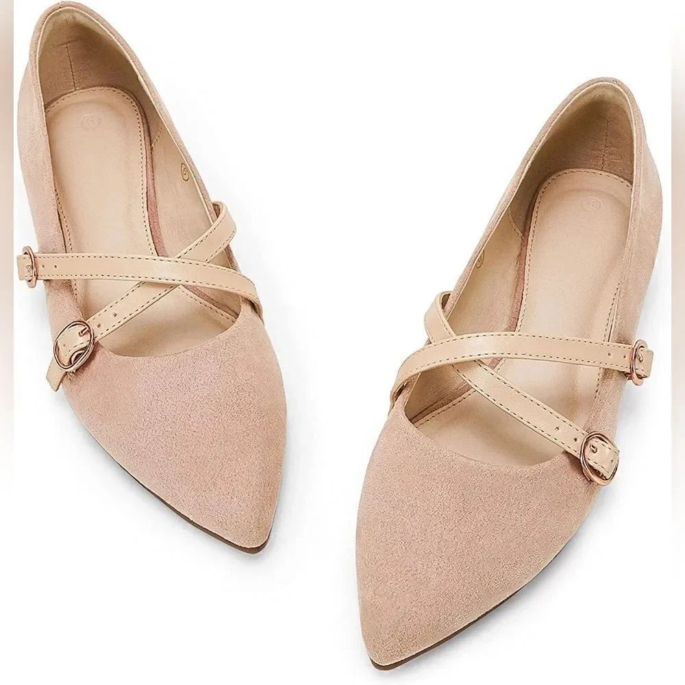(27-3029) COUTGO Women's Pointed Toe Flats Buckle Faux Suede Sz 5.5